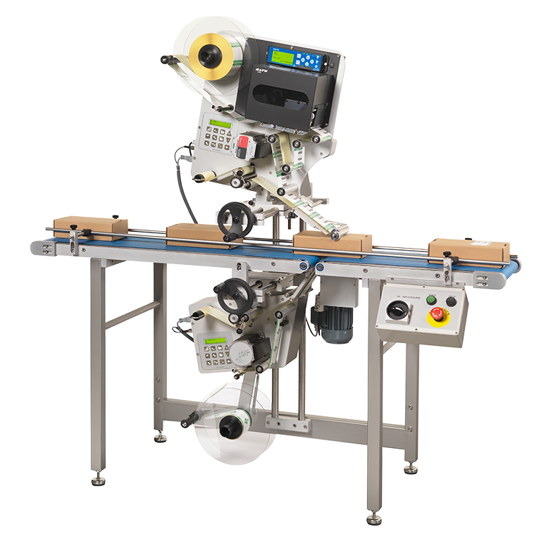 Food label applicator machine for top and bottom