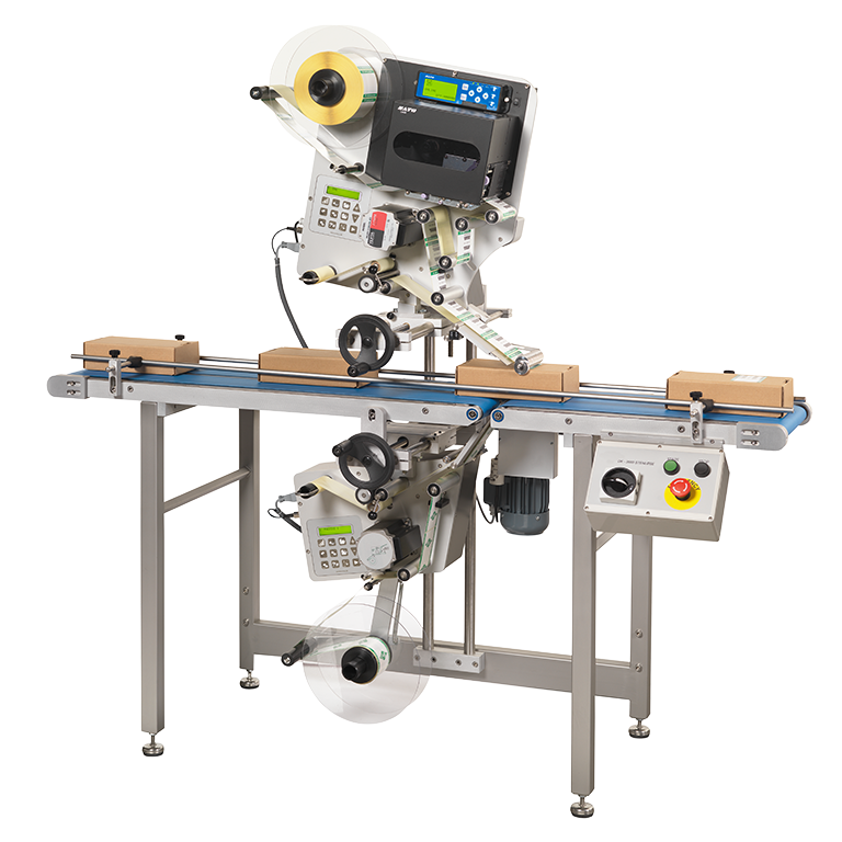 Food label applicator machine for top and bottom